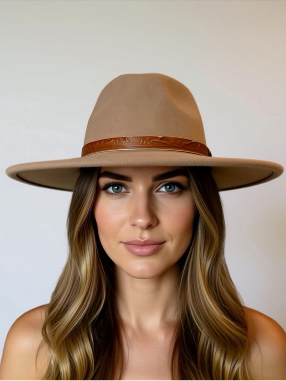 Source Unknown Wide Brim Felt Fedora Hat in Tan with Brown Band